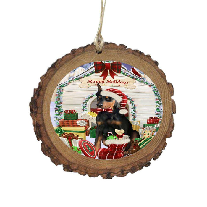 Happy Holidays Christmas Doberman House With Presents Wooden Christmas Ornament WOR49861