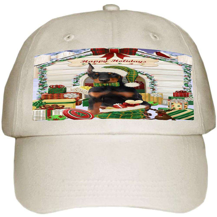 Happy Holidays Christmas Doberman Pinscher Dog House with Presents Ball Hat Cap HAT57957