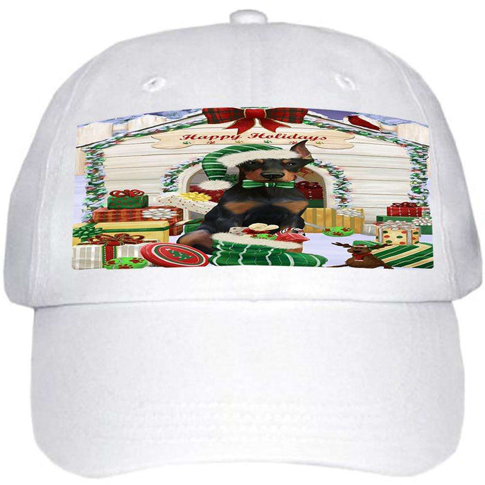 Happy Holidays Christmas Doberman Pinscher Dog House with Presents Ball Hat Cap HAT57960