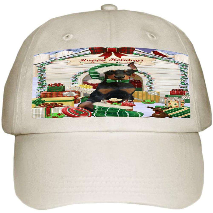 Happy Holidays Christmas Doberman Pinscher Dog House with Presents Ball Hat Cap HAT57960