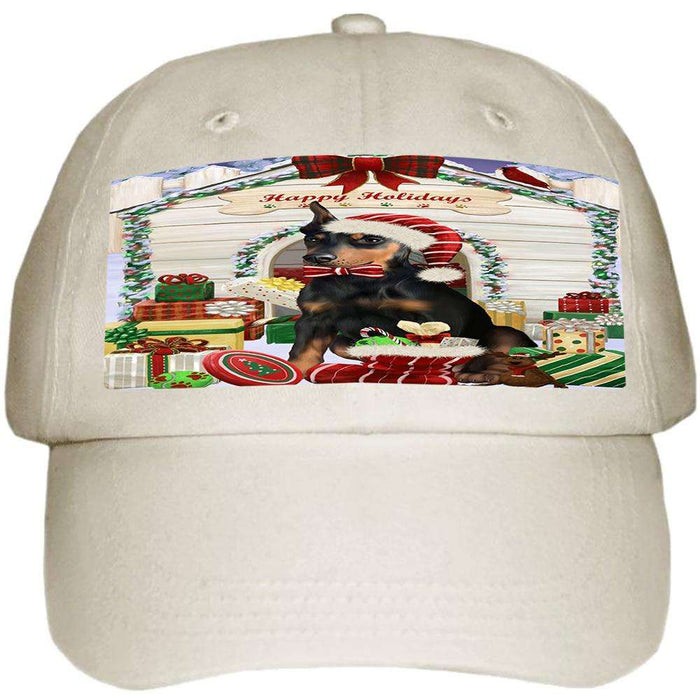 Happy Holidays Christmas Doberman Pinscher Dog House with Presents Ball Hat Cap HAT57966