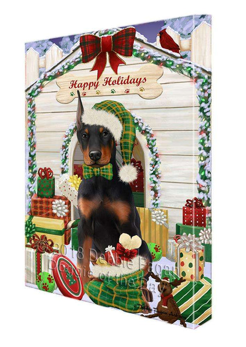 Happy Holidays Christmas Doberman Pinscher Dog House with Presents Canvas Print Wall Art Décor CVS79397