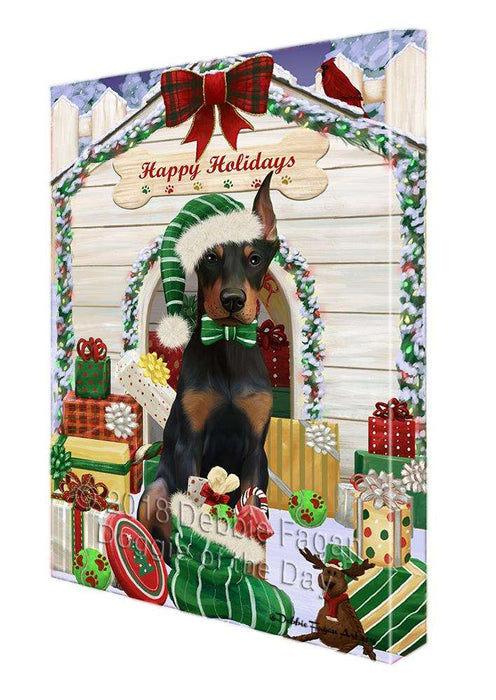 Happy Holidays Christmas Doberman Pinscher Dog House with Presents Canvas Print Wall Art Décor CVS79406