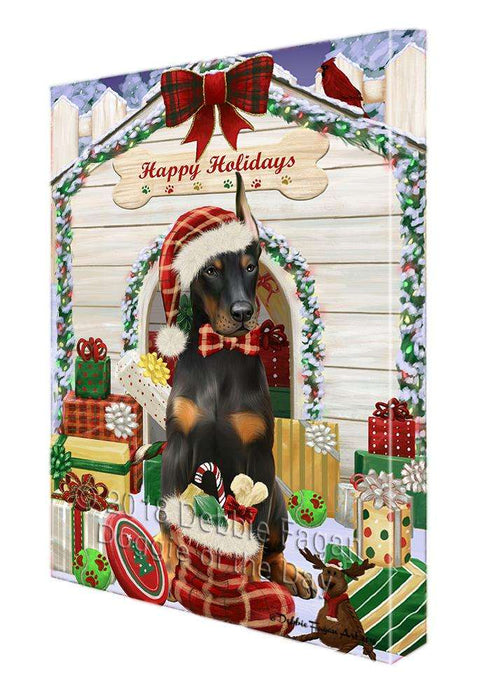 Happy Holidays Christmas Doberman Pinscher Dog House with Presents Canvas Print Wall Art Décor CVS79415