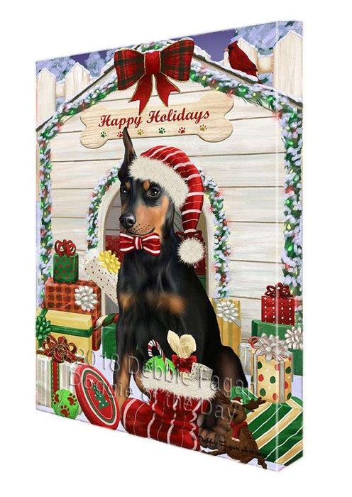 Happy Holidays Christmas Doberman Pinscher Dog House with Presents Canvas Print Wall Art Décor CVS79424
