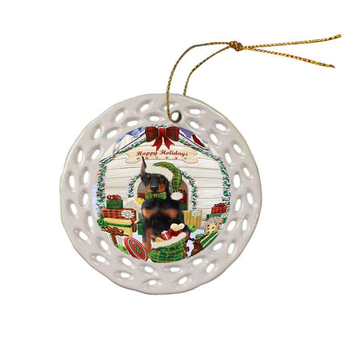Happy Holidays Christmas Doberman Pinscher Dog House with Presents Ceramic Doily Ornament DPOR51408