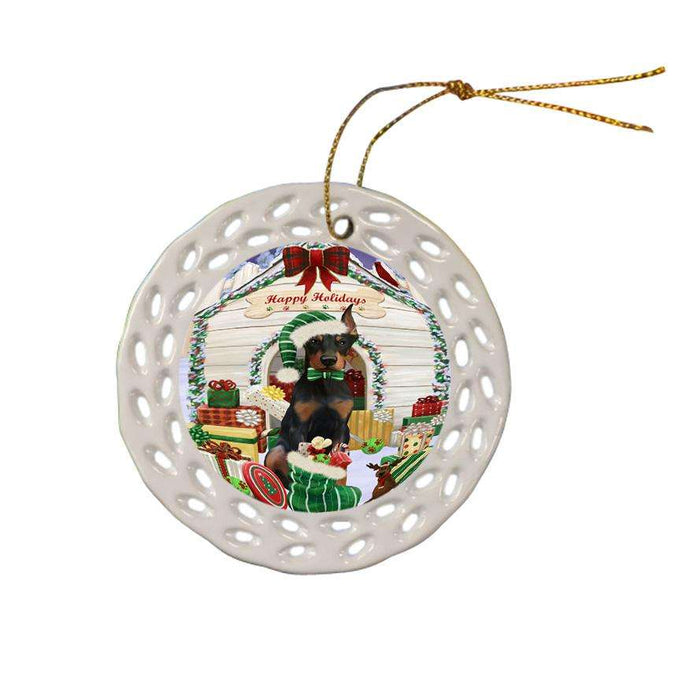 Happy Holidays Christmas Doberman Pinscher Dog House with Presents Ceramic Doily Ornament DPOR51409