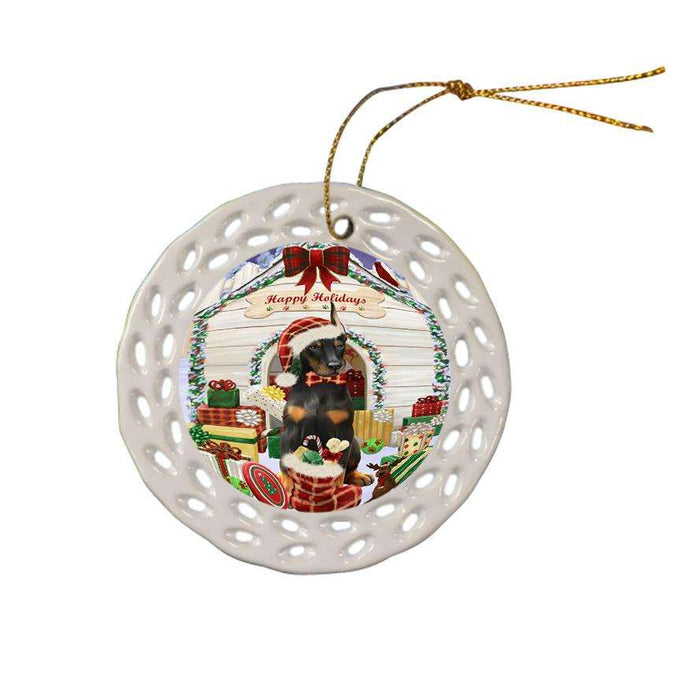 Happy Holidays Christmas Doberman Pinscher Dog House with Presents Ceramic Doily Ornament DPOR51410
