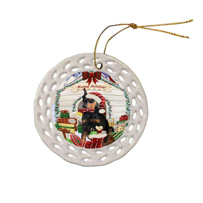 Happy Holidays Christmas Doberman Pinscher Dog House with Presents Ceramic Doily Ornament DPOR51411