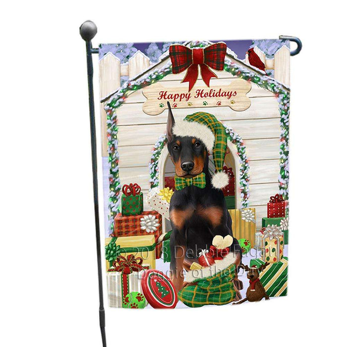 Happy Holidays Christmas Doberman Pinscher Dog House with Presents Garden Flag GFLG51345