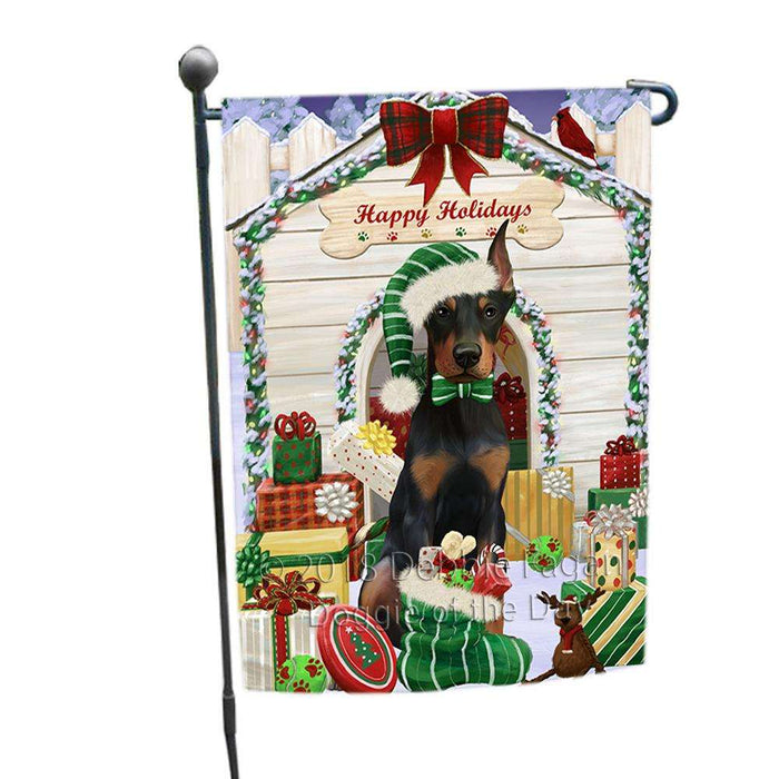 Happy Holidays Christmas Doberman Pinscher Dog House with Presents Garden Flag GFLG51346