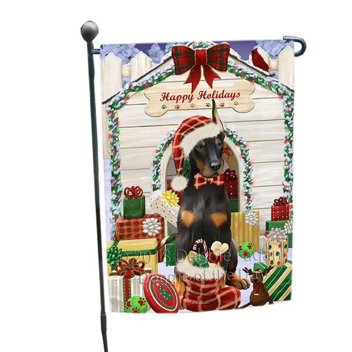 Happy Holidays Christmas Doberman Pinscher Dog House with Presents Garden Flag GFLG51347