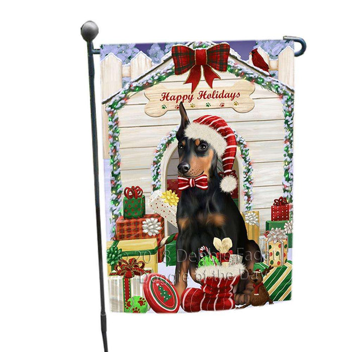 Happy Holidays Christmas Doberman Pinscher Dog House with Presents Garden Flag GFLG51348