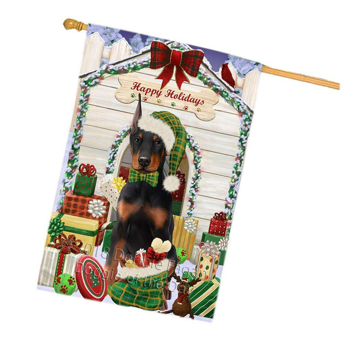 Happy Holidays Christmas Doberman Pinscher Dog House with Presents House Flag FLG51481