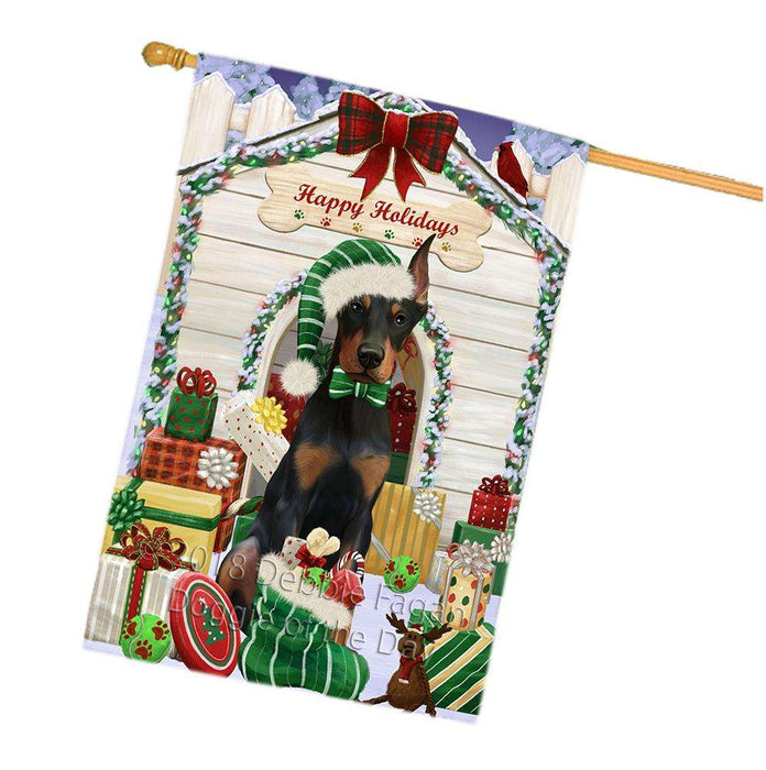 Happy Holidays Christmas Doberman Pinscher Dog House with Presents House Flag FLG51482