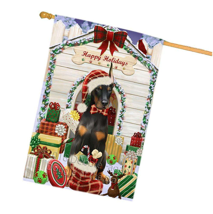 Happy Holidays Christmas Doberman Pinscher Dog House with Presents House Flag FLG51483