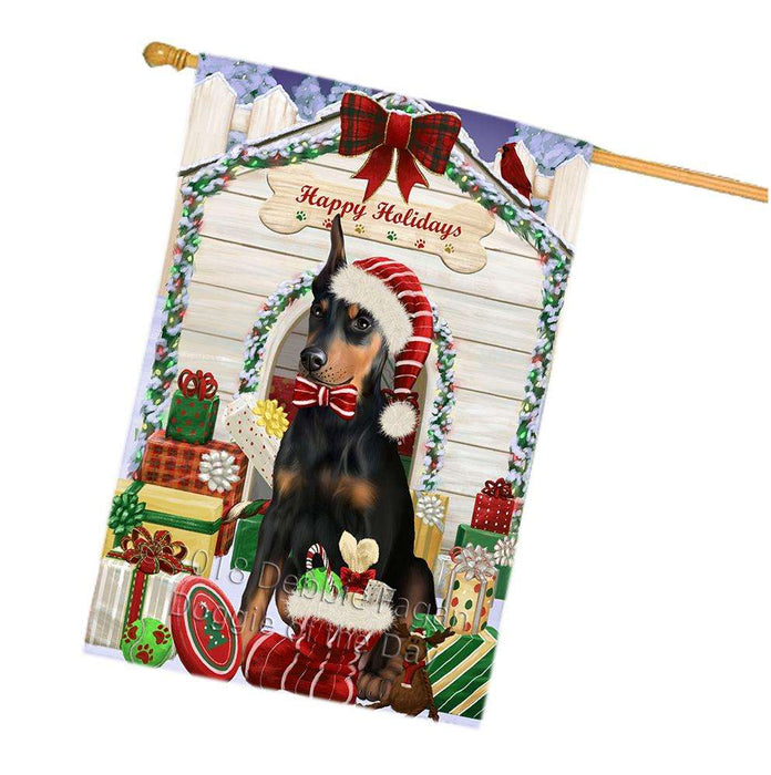 Happy Holidays Christmas Doberman Pinscher Dog House with Presents House Flag FLG51484