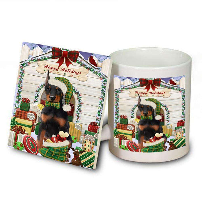 Happy Holidays Christmas Doberman Pinscher Dog House with Presents Mug and Coaster Set MUC51400