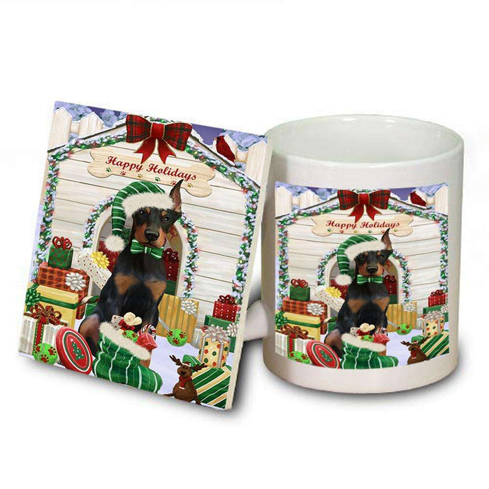 Happy Holidays Christmas Doberman Pinscher Dog House with Presents Mug and Coaster Set MUC51401