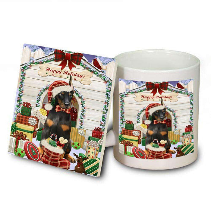 Happy Holidays Christmas Doberman Pinscher Dog House with Presents Mug and Coaster Set MUC51402