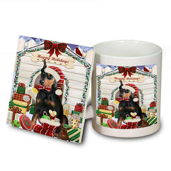 Happy Holidays Christmas Doberman Pinscher Dog House with Presents Mug and Coaster Set MUC51403