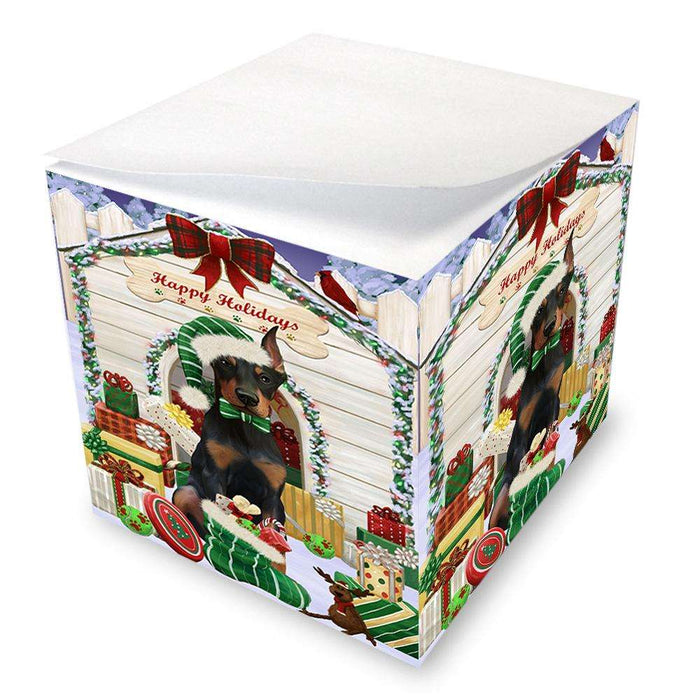 Happy Holidays Christmas Doberman Pinscher Dog House with Presents Note Cube NOC51409