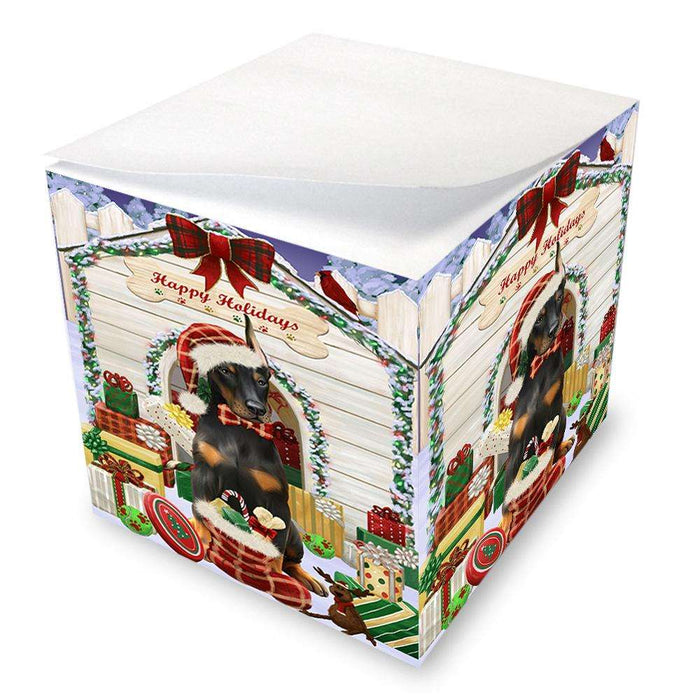 Happy Holidays Christmas Doberman Pinscher Dog House with Presents Note Cube NOC51410