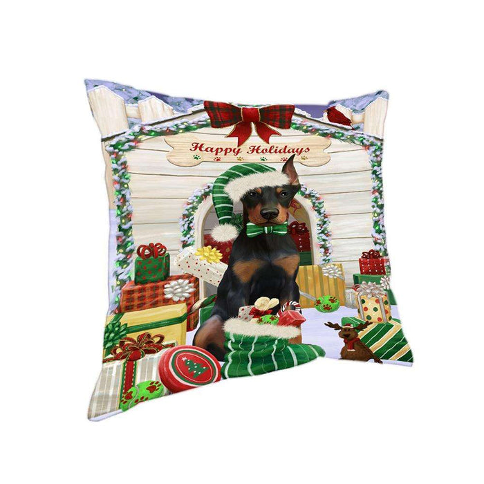Happy Holidays Christmas Doberman Pinscher Dog House with Presents Pillow PIL61760