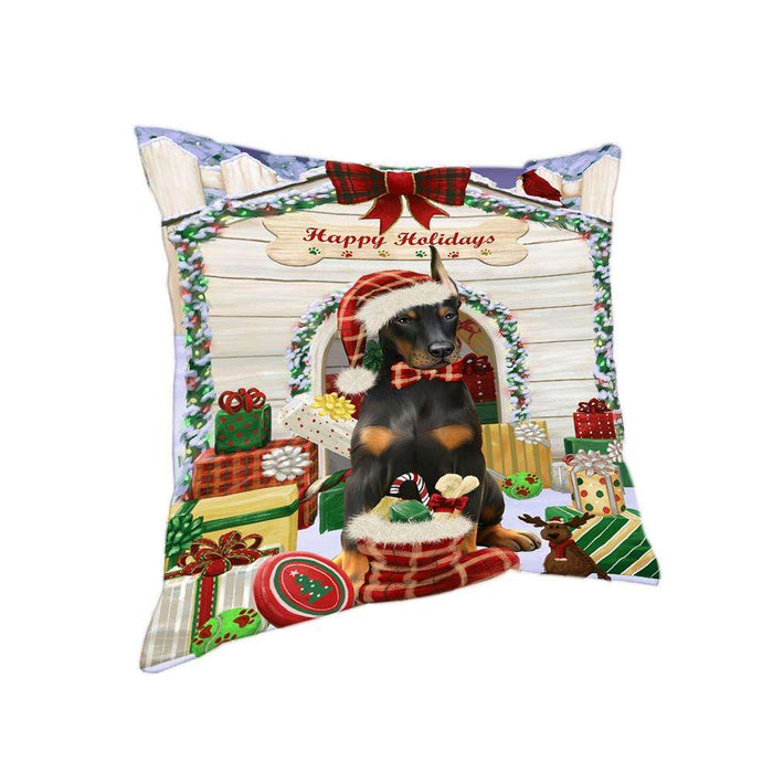 Happy Holidays Christmas Doberman Pinscher Dog House with Presents Pillow PIL61764