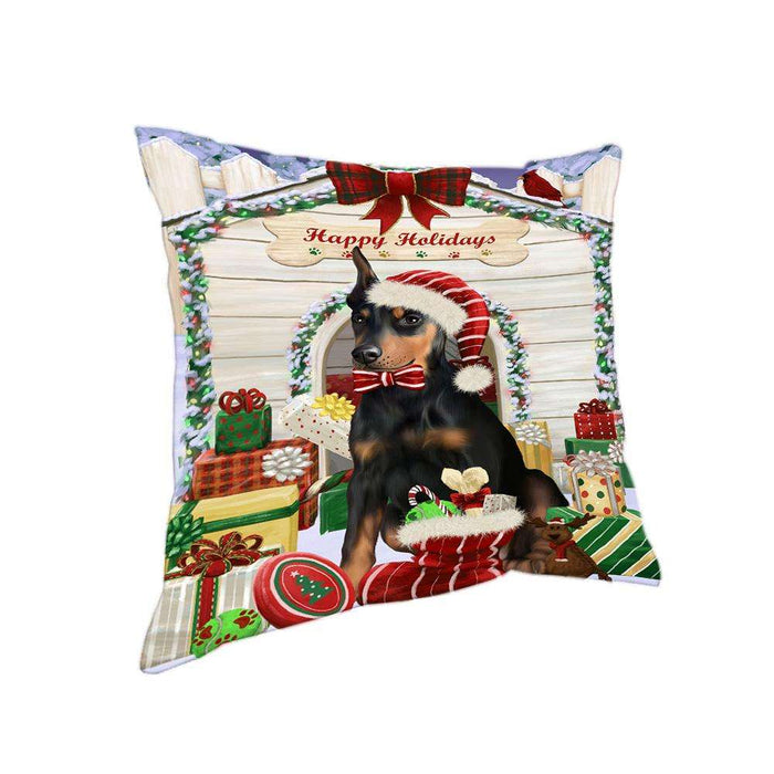 Happy Holidays Christmas Doberman Pinscher Dog House with Presents Pillow PIL61768