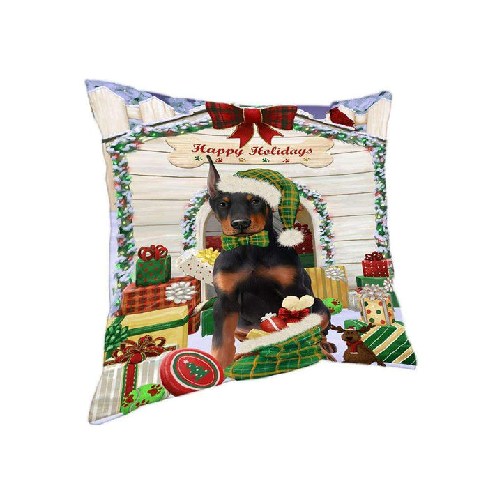 Happy Holidays Christmas Doberman Pinscher Dog House with Presents Pillow PIL62056