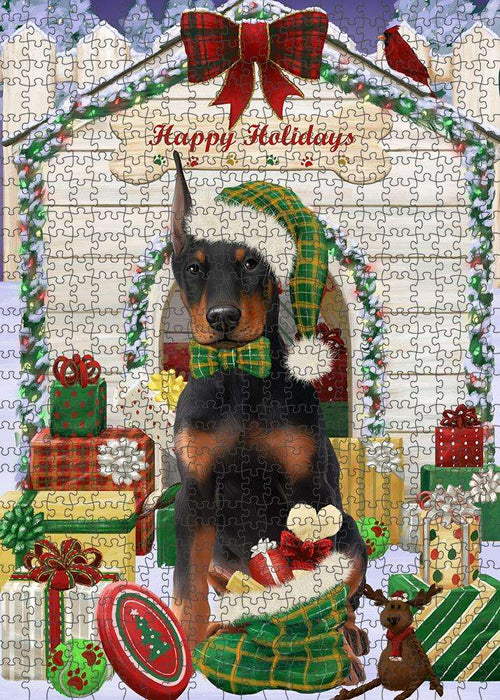 Happy Holidays Christmas Doberman Pinscher Dog House with Presents Puzzle with Photo Tin PUZL58356