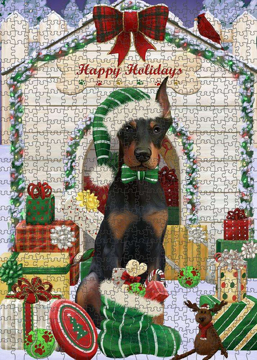 Happy Holidays Christmas Doberman Pinscher Dog House with Presents Puzzle with Photo Tin PUZL58359