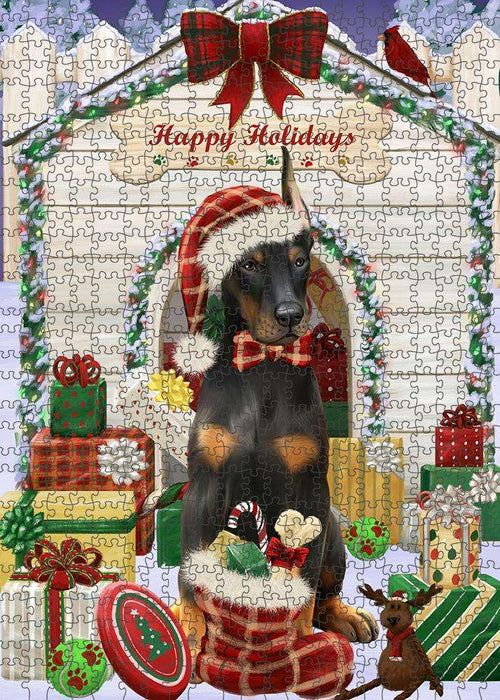 Happy Holidays Christmas Doberman Pinscher Dog House with Presents Puzzle with Photo Tin PUZL58362