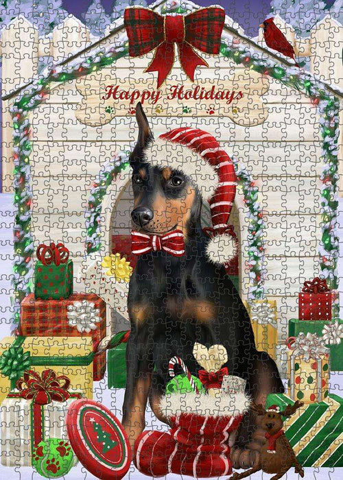 Happy Holidays Christmas Doberman Pinscher Dog House with Presents Puzzle with Photo Tin PUZL58365