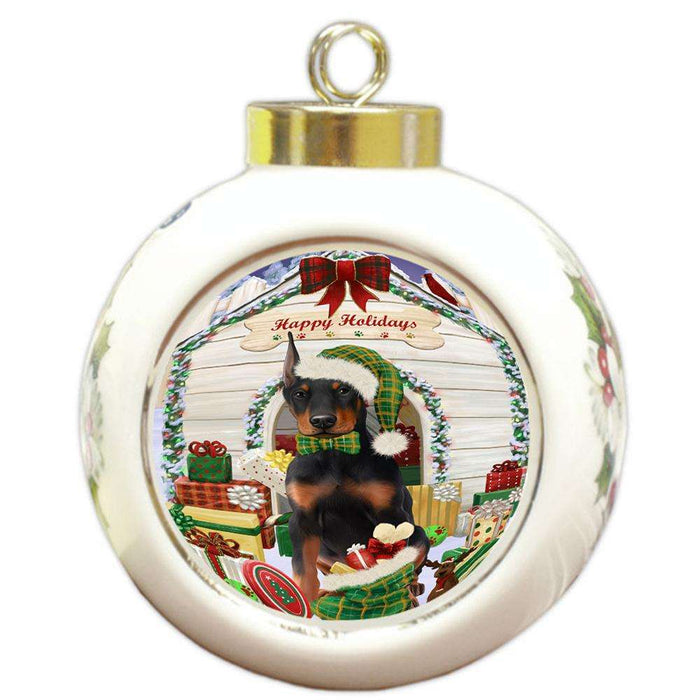 Happy Holidays Christmas Doberman Pinscher Dog House with Presents Round Ball Christmas Ornament RBPOR51408