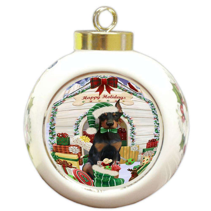 Happy Holidays Christmas Doberman Pinscher Dog House with Presents Round Ball Christmas Ornament RBPOR51409