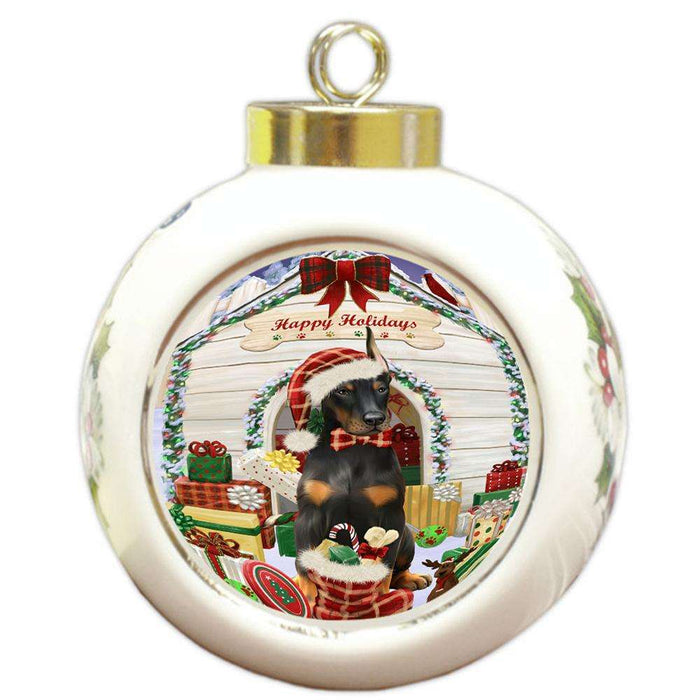 Happy Holidays Christmas Doberman Pinscher Dog House with Presents Round Ball Christmas Ornament RBPOR51410