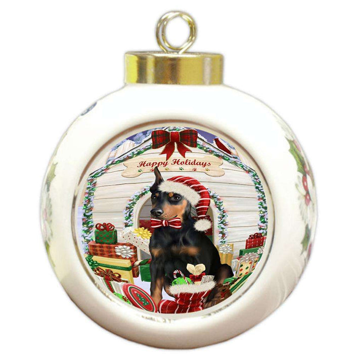 Happy Holidays Christmas Doberman Pinscher Dog House with Presents Round Ball Christmas Ornament RBPOR51411