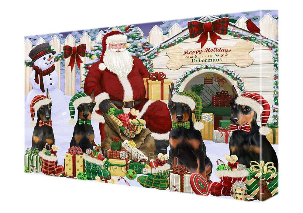 Happy Holidays Christmas Doberman Pinschers Dog House Gathering Canvas Print Wall Art Décor CVS79100