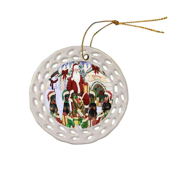 Happy Holidays Christmas Doberman Pinschers Dog House Gathering Ceramic Doily Ornament DPOR51450