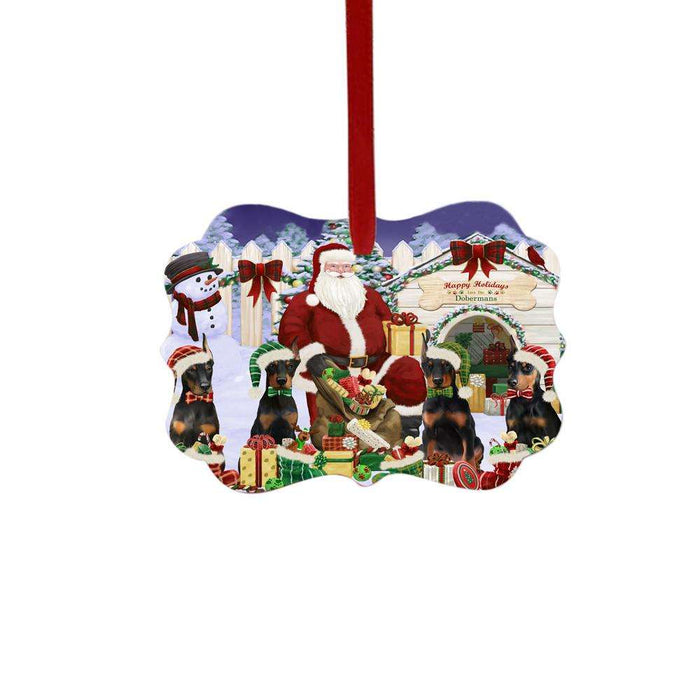Happy Holidays Christmas Doberman Pinschers Dog House Gathering Double-Sided Photo Benelux Christmas Ornament LOR49701