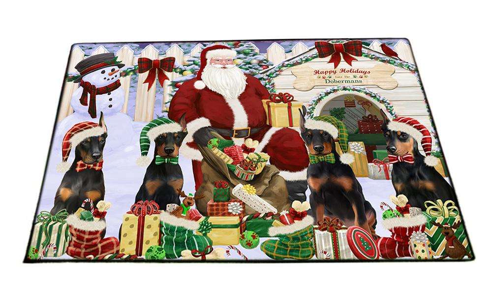 Happy Holidays Christmas Doberman Pinschers Dog House Gathering Floormat FLMS51105