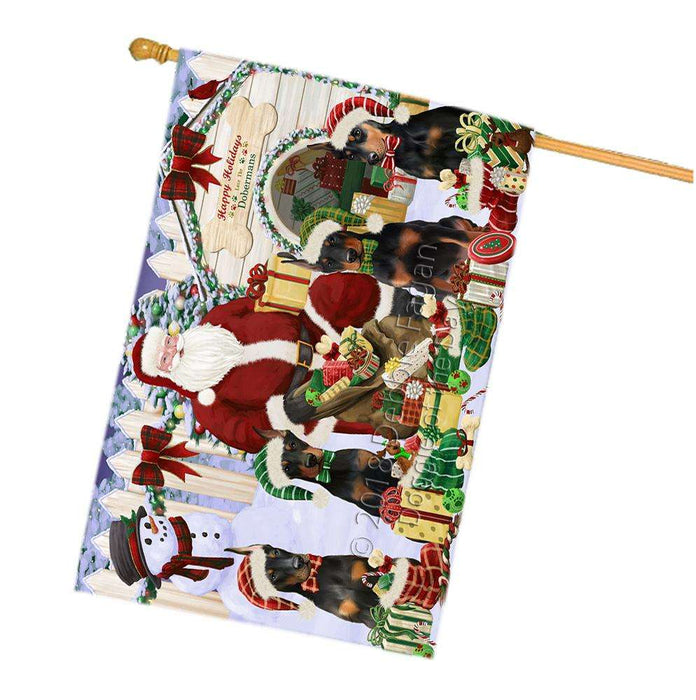 Happy Holidays Christmas Doberman Pinschers Dog House Gathering House Flag FLG51523