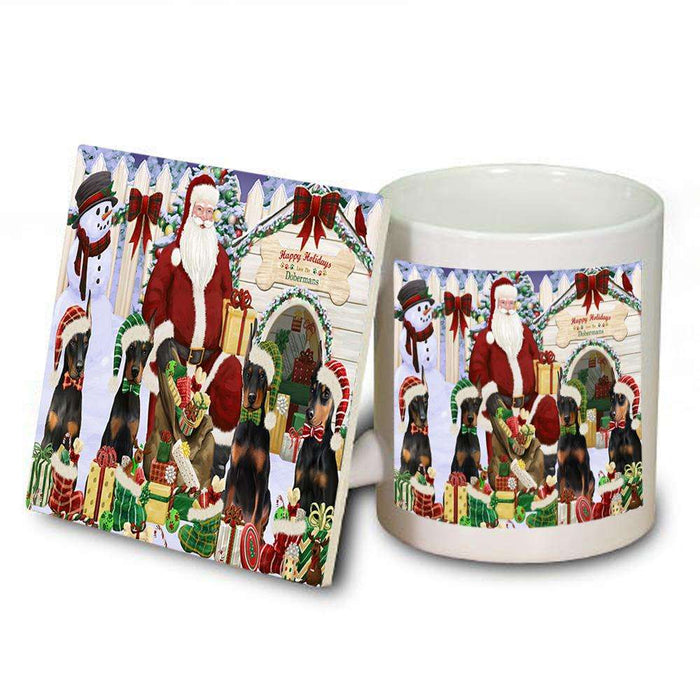 Happy Holidays Christmas Doberman Pinschers Dog House Gathering Mug and Coaster Set MUC51442