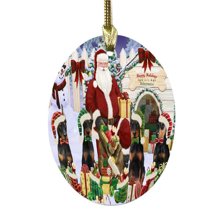 Happy Holidays Christmas Doberman Pinschers Dog House Gathering Oval Glass Christmas Ornament OGOR49701