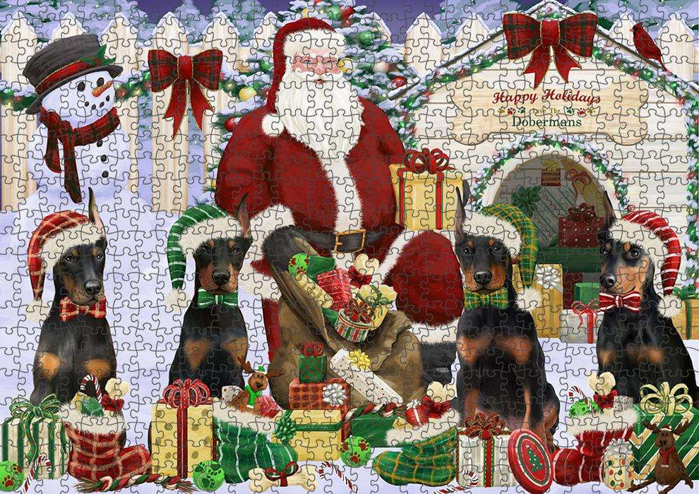 Happy Holidays Christmas Doberman Pinschers Dog House Gathering Puzzle with Photo Tin PUZL58032