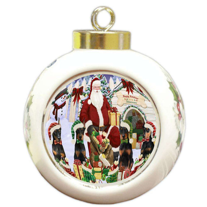 Happy Holidays Christmas Doberman Pinschers Dog House Gathering Round Ball Christmas Ornament RBPOR51450