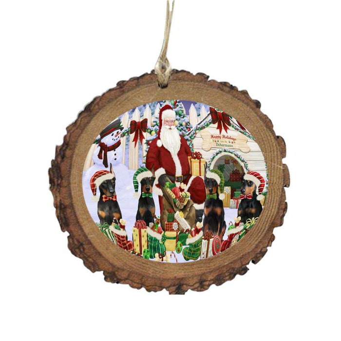 Happy Holidays Christmas Doberman Pinschers Dog House Gathering Wooden Christmas Ornament WOR49701