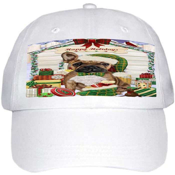 Happy Holidays Christmas French Bulldog House with Presents Ball Hat Cap HAT57969